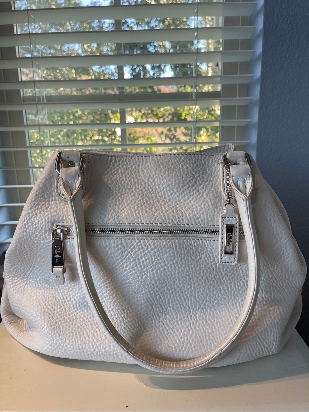 Cole Haan White Textured Leather Shoulder Tote with Silver Accents